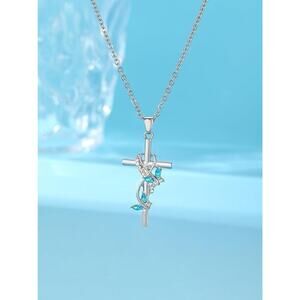 Sterling Silver Bow Cross Pendant Necklace with Blue Gemstones New Open Package